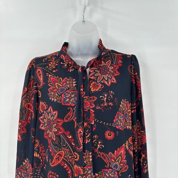 Loft Boho Dress Small Paisley Print Tie Neck Fall Long Sleeve Mini Romantic - Picture 3 of 9
